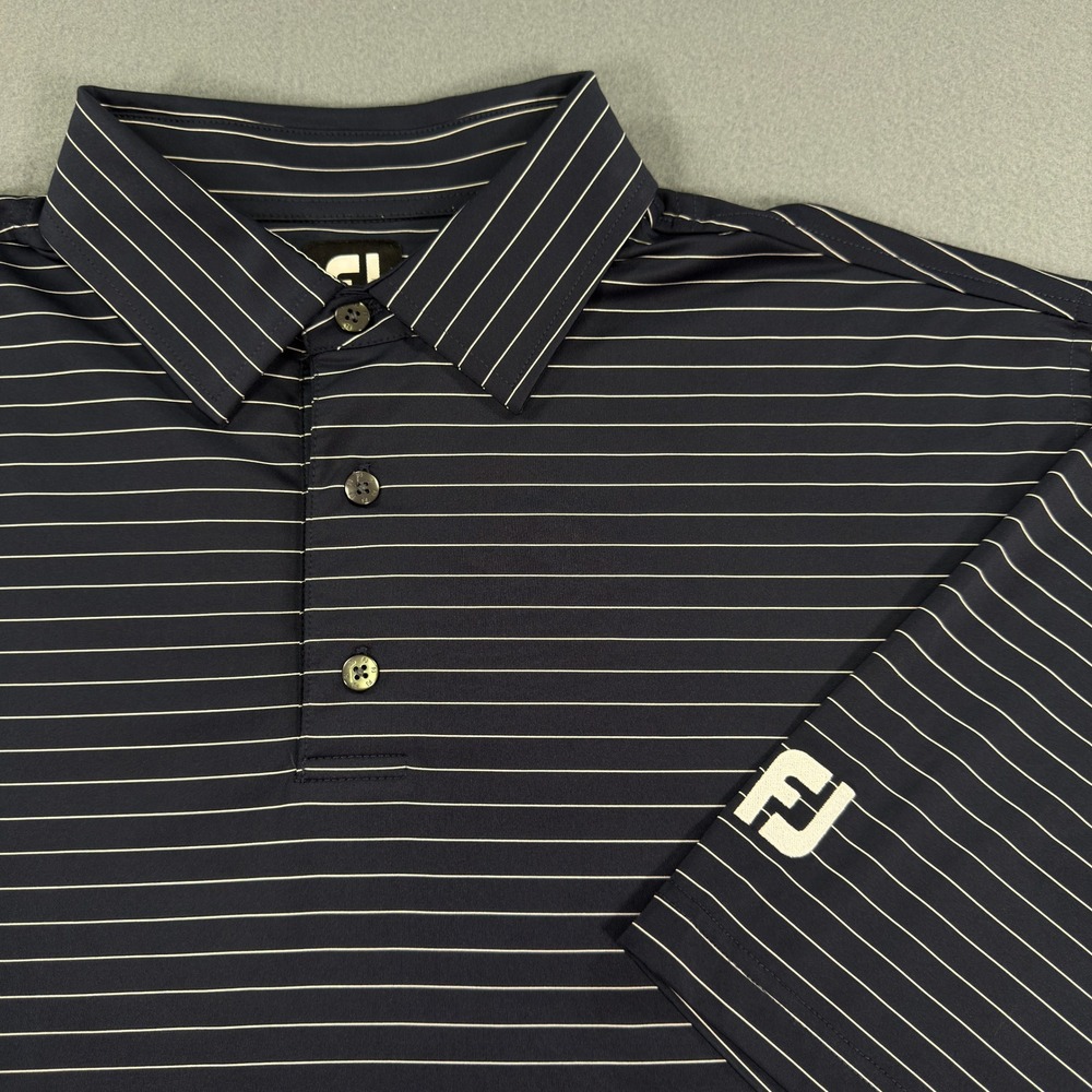 FootJoy Mens XL Navy Blue‎ Striped Performance Golf Polo Shirt FJ Logo 3156